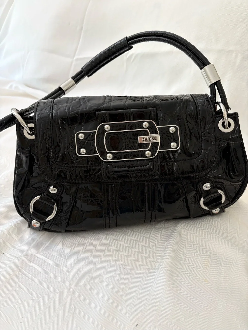 GUESS Black Patent Croc-Embossed Top-Handle Bag - Picture 1 of 3